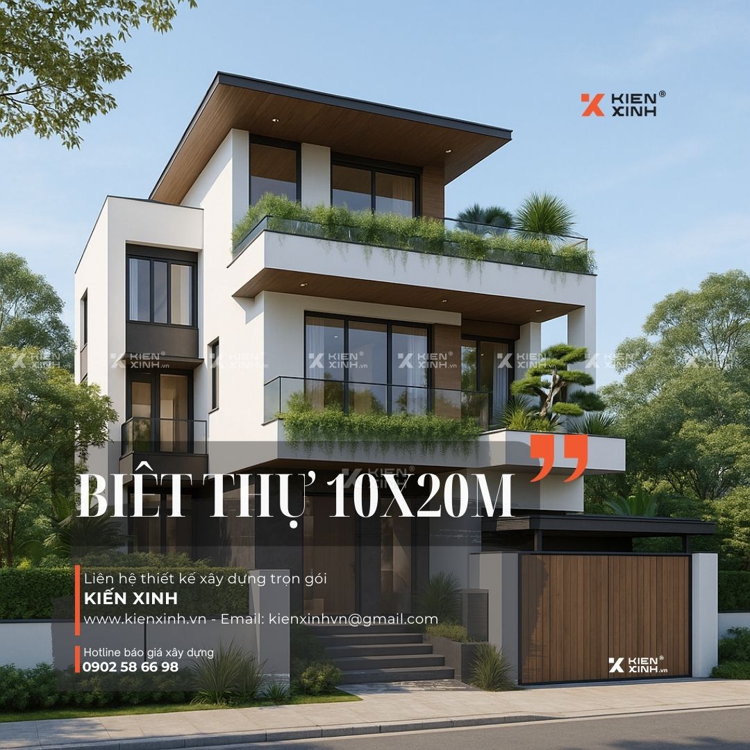Phối cảnh mặt tiền biệt thự hiện đại 10x20m tại TP.HCM – thiết kế 3 tầng, sử dụng lam gỗ, ban công xanh và hệ cửa kính lớn mang phong cách tối giản.