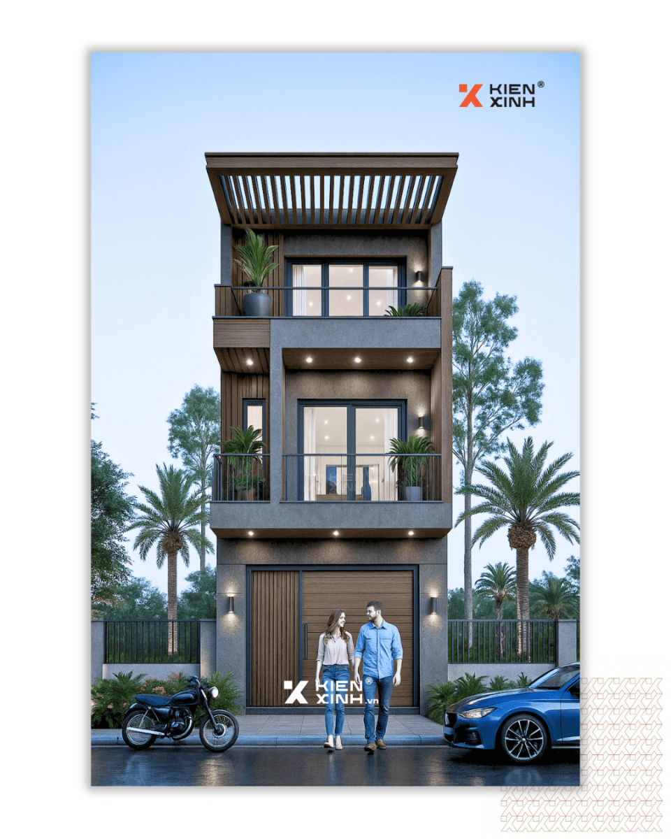 Mặt tiền nhà phố 5x22m hiện đại, lam gỗ và màu nâu trầm, thiết kế 3 tầng sang trọng, hợp phong thủy.