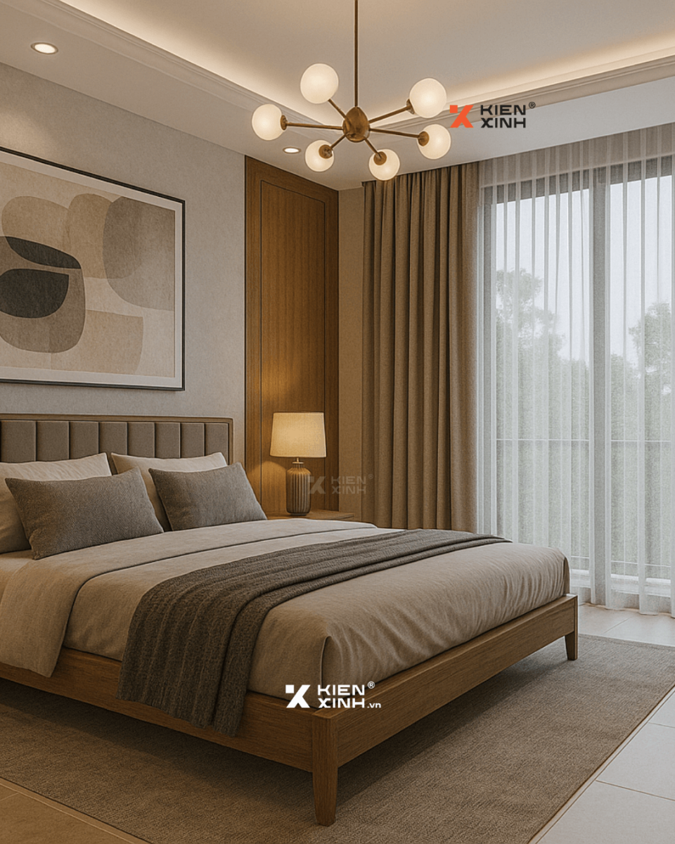 Phòng ngủ master nhà phố 5x22m, tone xám – nâu, thiết kế tối giản, đón ánh sáng tự nhiên.