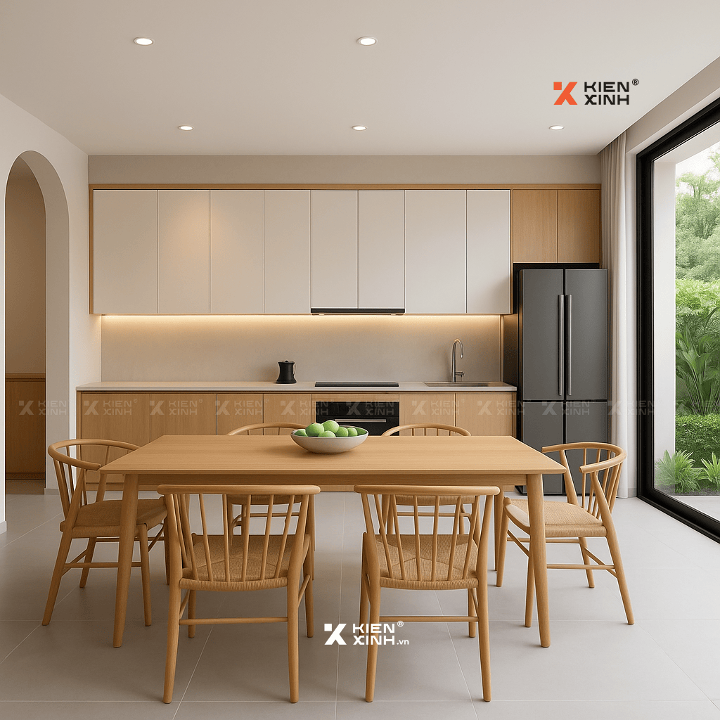 Phòng bếp nhà phố 5x18m với bàn ăn 6 ghế, tủ bếp gỗ sáng, cửa kính lớn mở ra vườn