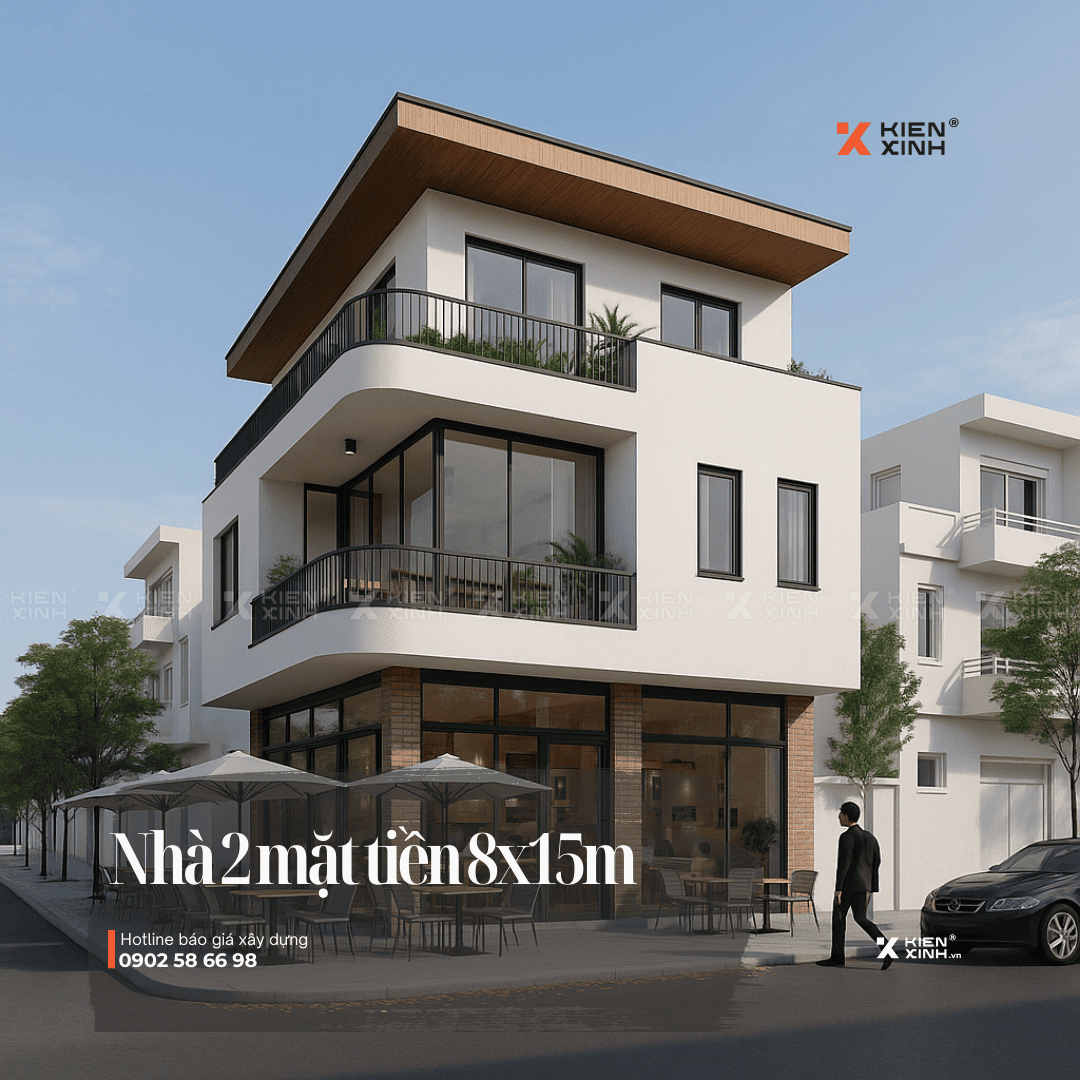 Phối cảnh mặt tiền nhà ở kết hợp kinh doanh 8x15m tại khu đô thị, phong cách hiện đại, lam gỗ, kính cường lực