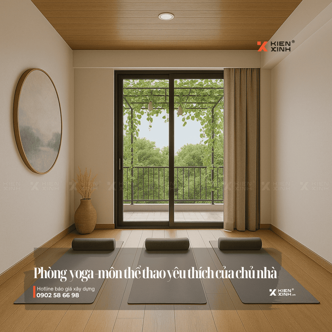 Phòng yoga tầng 3 nhìn ra sân sau với giàn bầu, không gian thư giãn hiện đại
