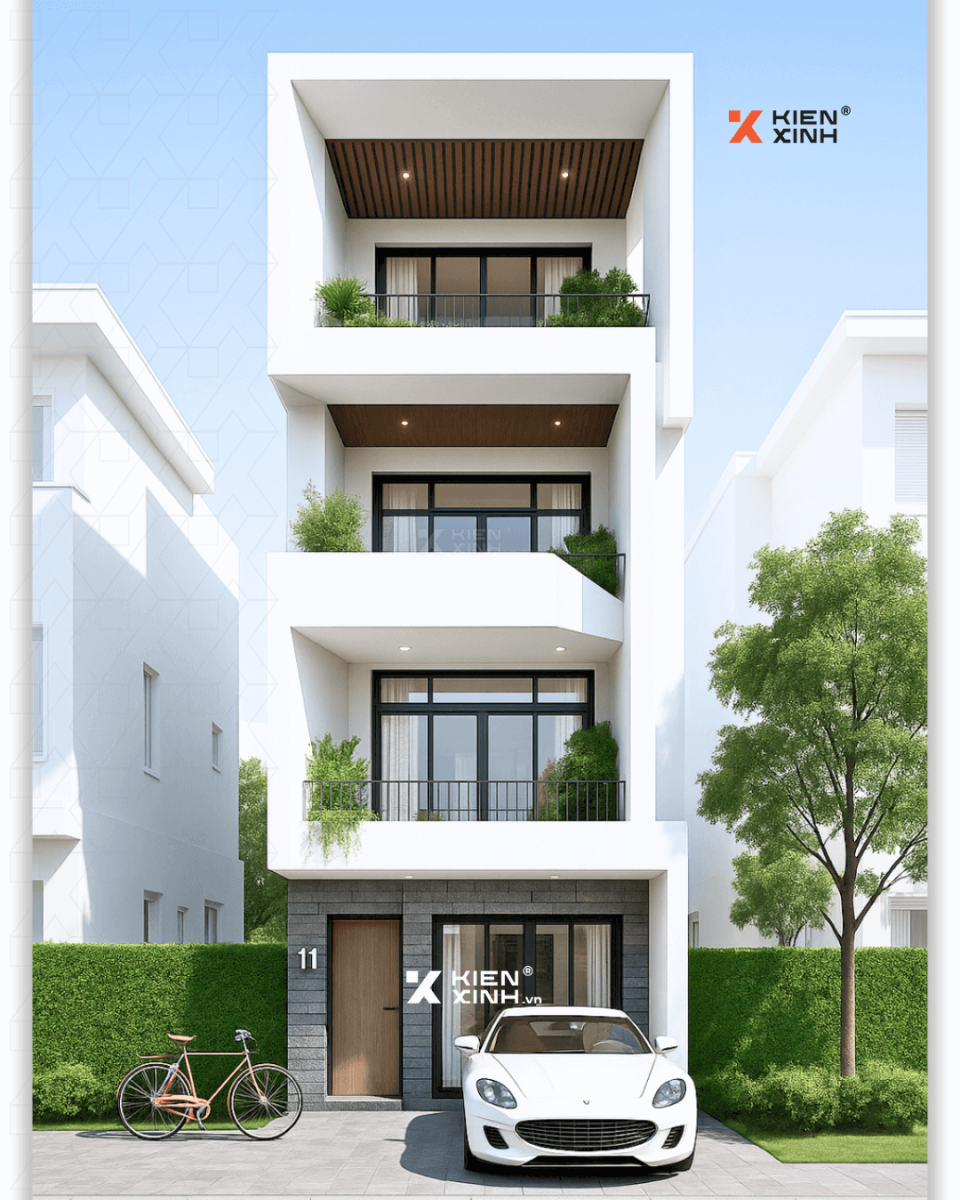 Mặt tiền nhà phố hiện đại 5x20m 3 tầng tại TP.HCM, thiết kế tối giản, ban công phủ cây xanh, lam gỗ trần sang trọng.