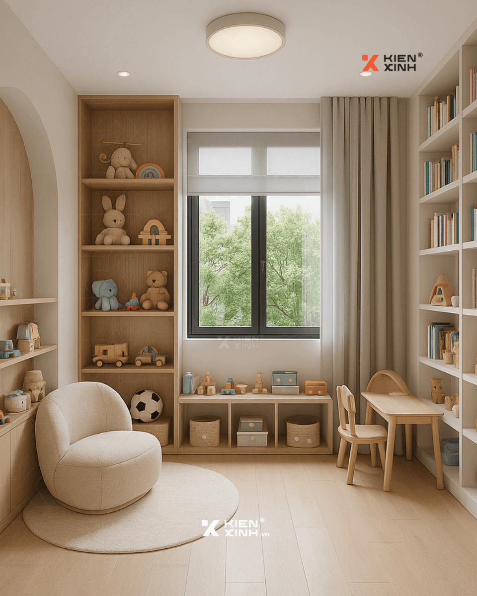 Phòng trẻ em nhà phố 5x20m, thiết kế an toàn với nhiều kệ lưu trữ, màu sắc sáng nhẹ nhàng.