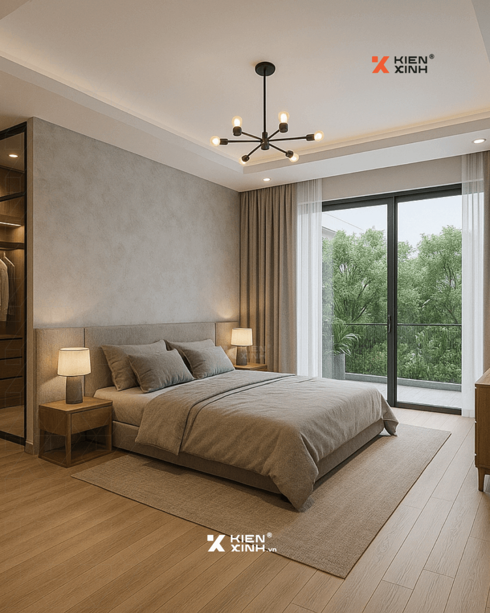 Phòng ngủ master nhà phố 5x20m, sàn gỗ, nội thất tone trung tính, ban công rộng nhìn ra mảng xanh.