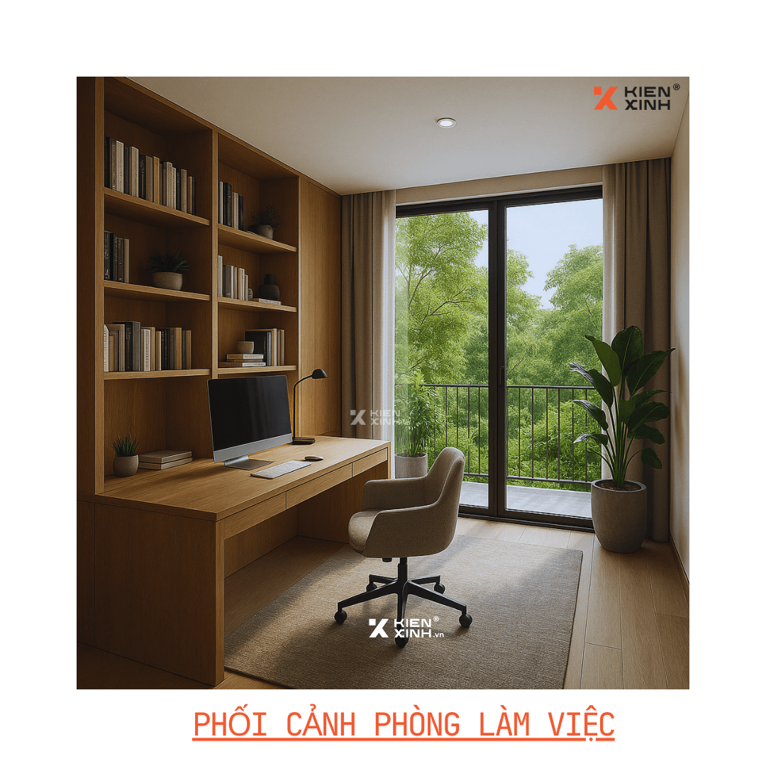 phối cảnh phòng làm việc nhà phố 7x20m, kệ làm việc hiện đại, chứa hồ sơ, sách báo và cây xanh trang trí, phòng làm việc thoáng mát, nhiều ánh sáng