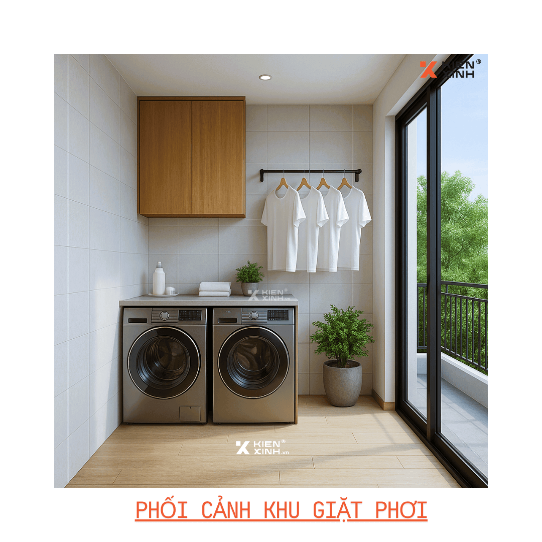 Phối cảnh khu giặt phơi nhà phố 7x20m, máy giặt đôi hiện đại, tủ gỗ treo tường và cửa kính lớn mở ra ban công thoáng mát – thiết kế bởi Kiến Xinh