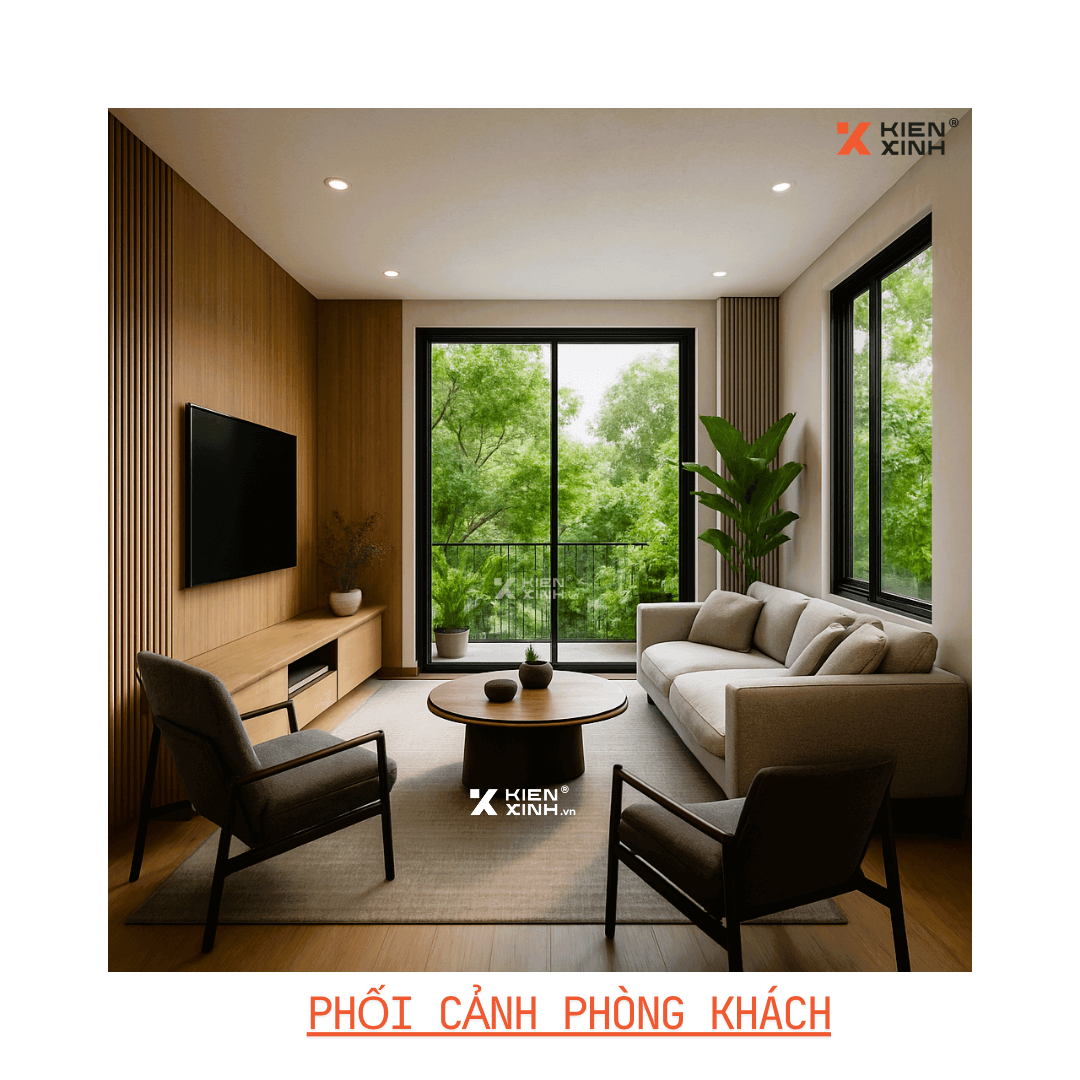 phòng khách nhà phố 7x20m, nhiều cây xanh, xanh mát